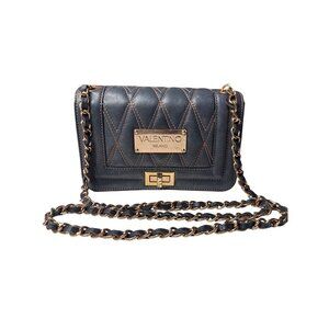 Valentino Milano Quilted Black Leather Chain Shoulder Bag With Gold Accents